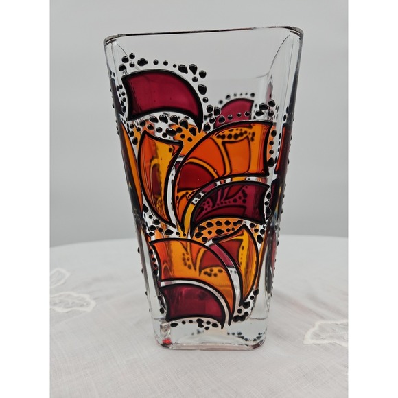 Handpainted German Stainglass Style Vase Black Orange And Maroon On Clear Glass - Picture 4 of 10